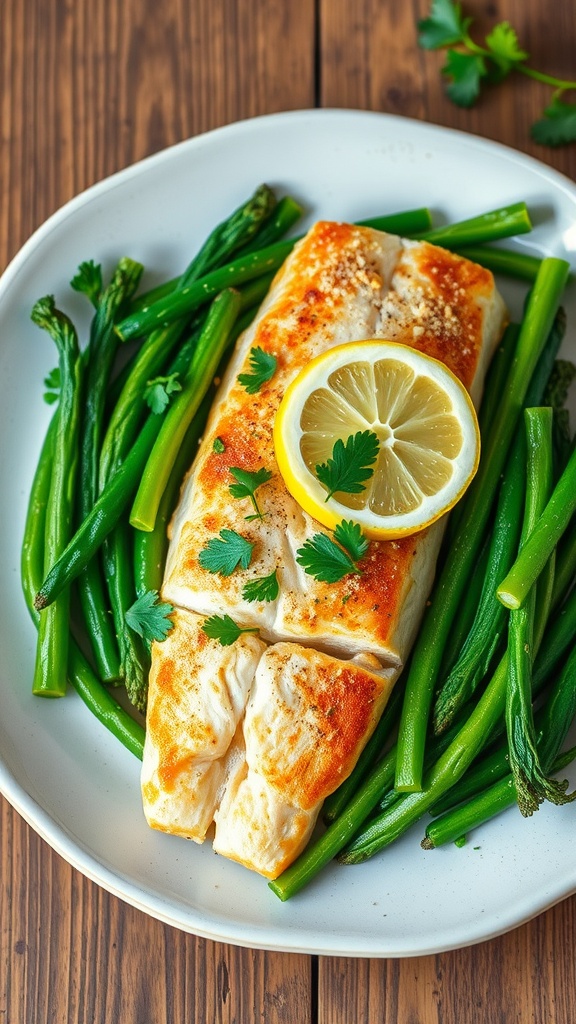 Oven-baked lemon herb fish fillet garnished with parsley and lemon slices on a plate with steamed vegetables.
